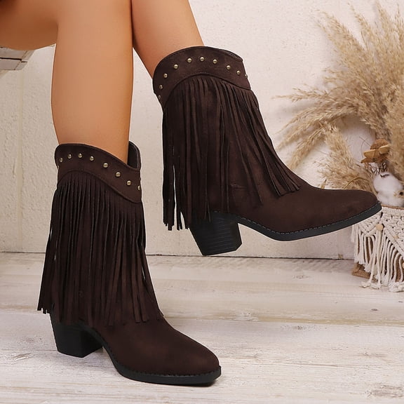 EliteGoogv Womens Fringe Western Ankle Boots Chunky Heel Pull On Short Booties For Women Faux Suede Cowboy Footwear US:6