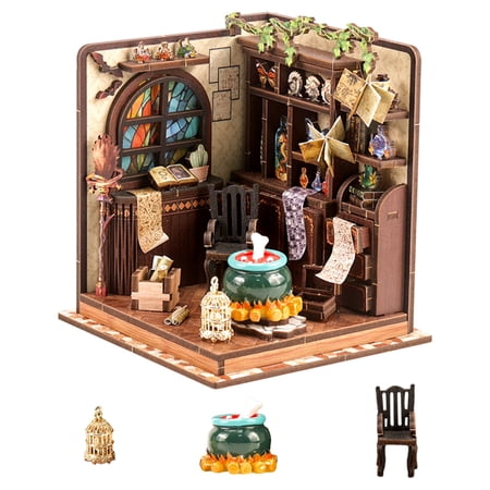 Wooden Book Nook Kit Doll House – Magic Potion Workshop Miniature DIY Tiny Home with Vintage Alchemist Master Design, Suitable for Adult, Wooden Dollhouse Decor and Imagination Present for Collector