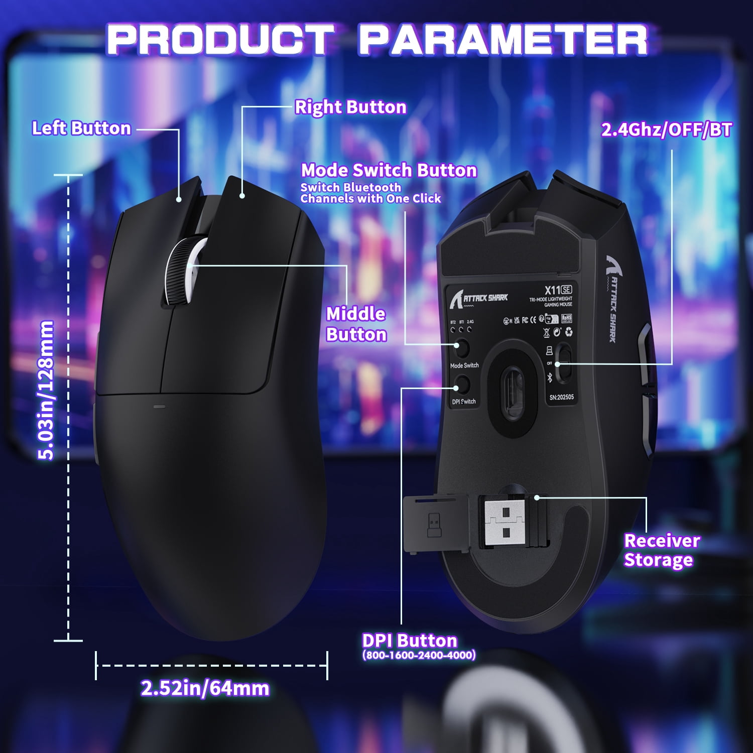 ATTACK SHARK X11SE Wireless Gaming Mouse, PixArt PAW3311 Gaming Sensor, BT/2.4G Wireless/Wired, 65 Hours Battery, Upgrade BK52820 Chip