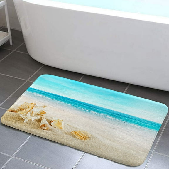 Beach Bathroom Rug, Tropical Sea Waves Seashell Bath Mat Bathroom Accessories Shower Mat Nautical Hawaiian Seaside Scene Ocean Starfish Bathroom Accessories Mat, 17X29in