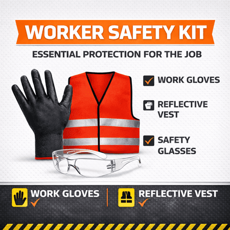 Worker Safety Kit, 3 in 1, Vest + Glasses + Gloves