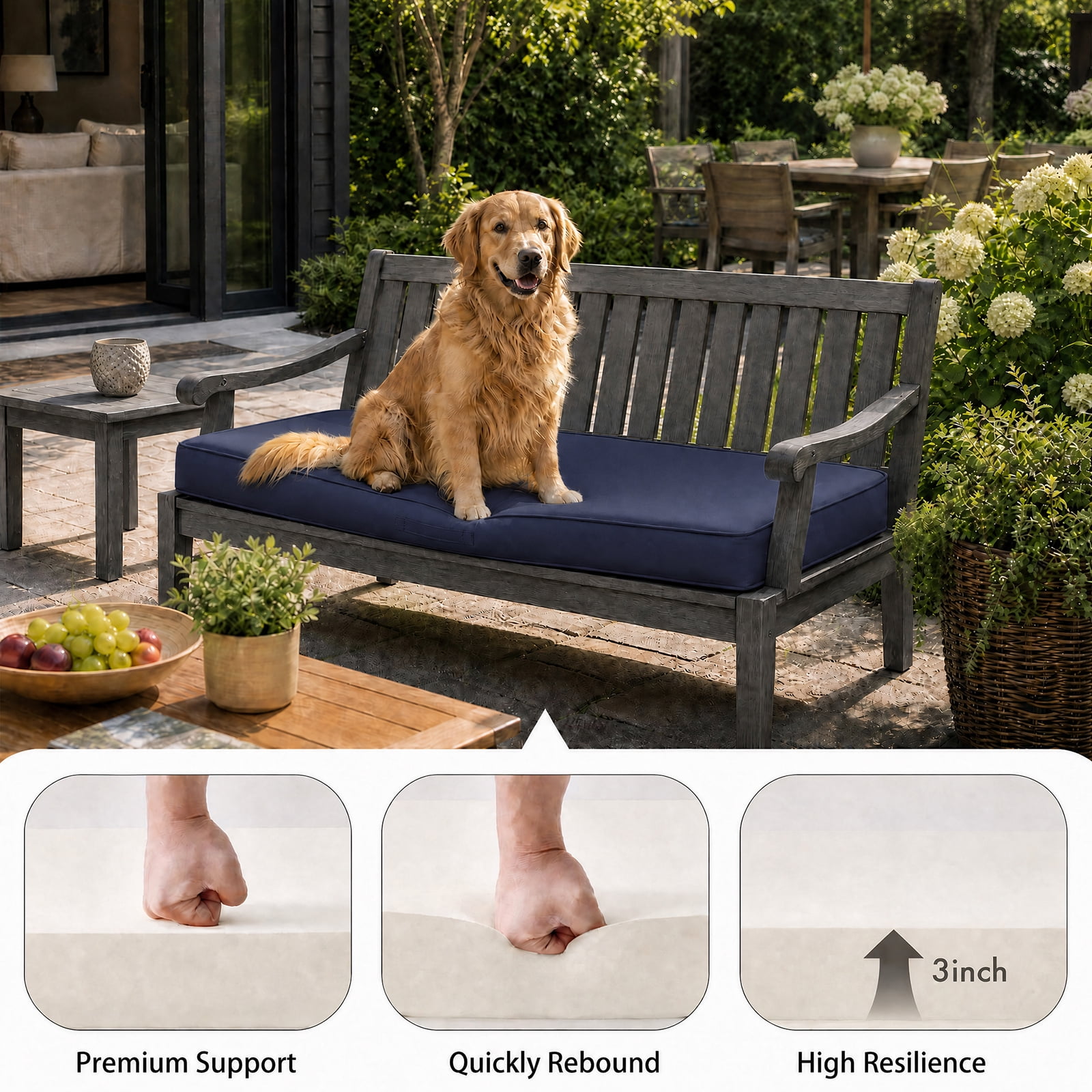 YEERSWAG 48x18x3 inch Outdoor Chair Cushions Bench Cushion Patio Chair Cushions Non Slip Removable Anti-fading Water Resistant Garden Loveseat Cushion with Handle