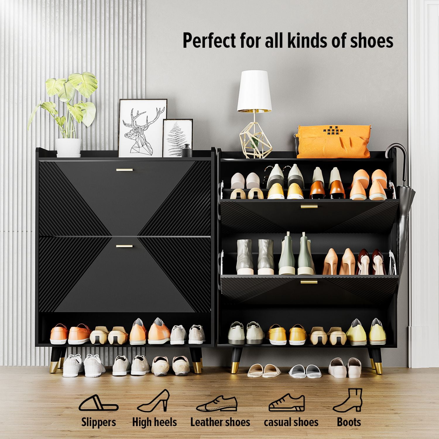 EPOWP Shoe Cabinet with 2 Flip Drawers, Narrow Shoe Storage Cabinet Wooden for Entryway, Hallway, Living Room Entryway