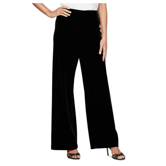 ALEX EVENINGS Women's Velvet Flat-Front Pull-On Pants Black B4HP (Regular,L)