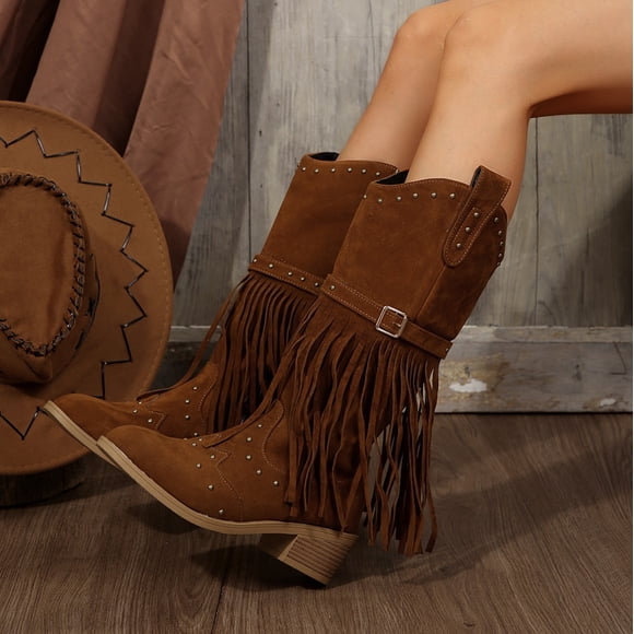 XIMIN Women Fringe Cowgirl Boots Knee High Boots Embroidered Cowboy Boots Stud Square Toe Mid Calf Western Boots with Chunky Heel Comfort Tall Western Boots