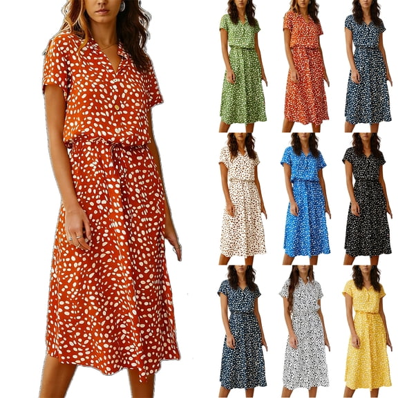 Midi Dresses for Women V Neck Short Sleeve Loose Summer Casual Office Beach Polka Dot Botton Dress