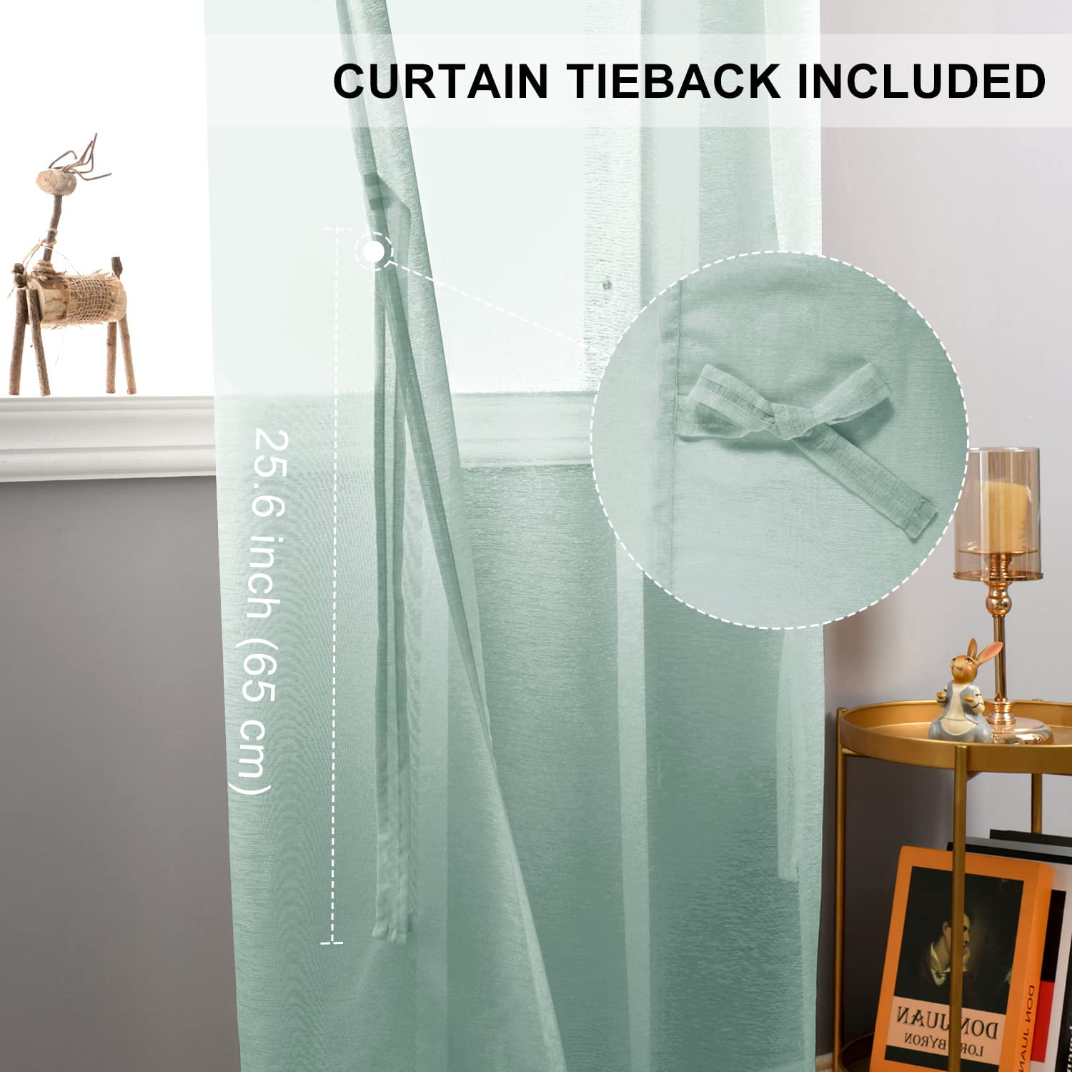 JIUZHEN Semi Sheer Curtains for Living Room - 84 inches Extra Long with Tiebacks Light Filtering Grommet Window Curtains for Bedroom/Office, 42Wx 84L, Set of 2 Panels,Bean Green