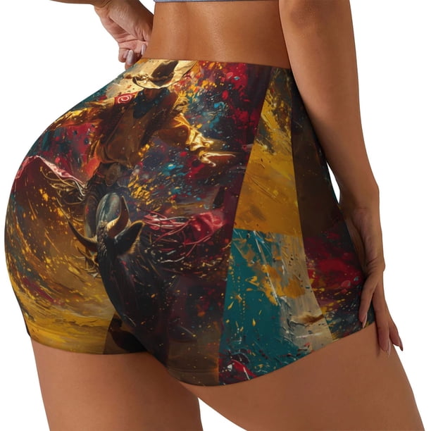 Balery Colorful Bull Western Man Pantalones cortos de entrenamiento estampados para mujer, sin costuras, ajustados, para gimnasio, yoga, correr, deportes, ejercicio activo, fitness.-X-Large