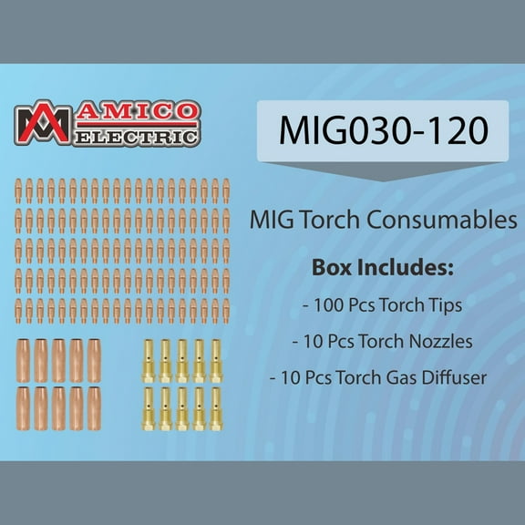 MIG030-120, MIG Welder Parts, 100-pcs .030” Tips, 10-pcs Gas Nozzles, 10-pcs Gas Diffusers for MTS-165/185/205, MIG-160/180/200, MIG-140GS