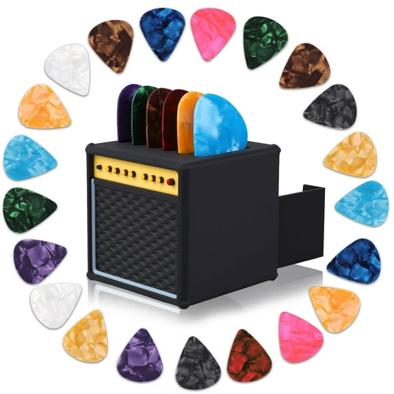 Guitar Picks Holder Box, Vintage Amp Guitar Pick Holder with 21 Celluloid Guitar Picks, 3D Printed Retro Pick Storage Box & Display Stand for Guitarists and Music Enthusiasts