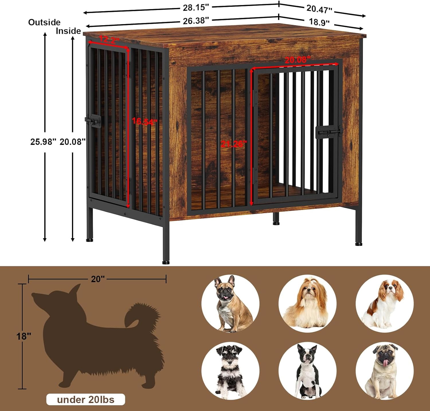 POAO 28.15" L Dog Crate Furniture, Heavy Duty Dog Crate for Small Dog, Dog Kennel Furniture Indoor as TV Stand, Small Size (0-20 Pounds), Brown
