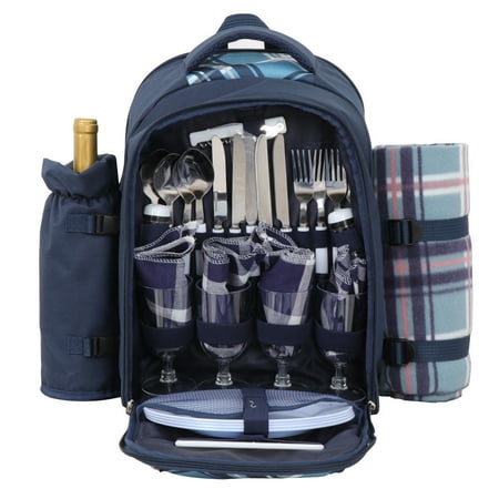 Picnic Cooler Bag Set - Zeny 4 Person Premium Picnic Outdoor Backpack Bag With Blanket – Woven Grey Waterproof Finish, Includes 17 Piece Dining Set and Insulated Cooler Compartment