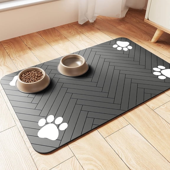Pet Feeding Mat-Absorbent Pet Placemat for Food and Water Bowl, with Waterproof Rubber Backing, Quick Dry Water Dispenser Mat for Dog and Cat (12"x16", Striped Dark Gray)