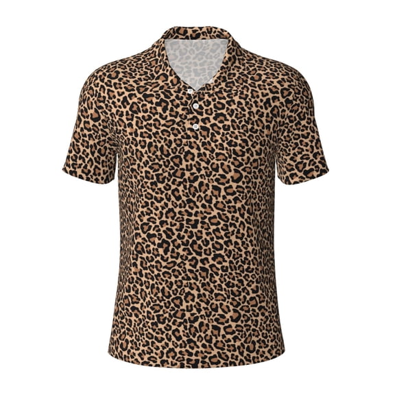 Vsdgher Brown Leopard Print Men's Short Sleeve Stretch Polo Shirt, Moisture-Wicking Performance Polo Shirt