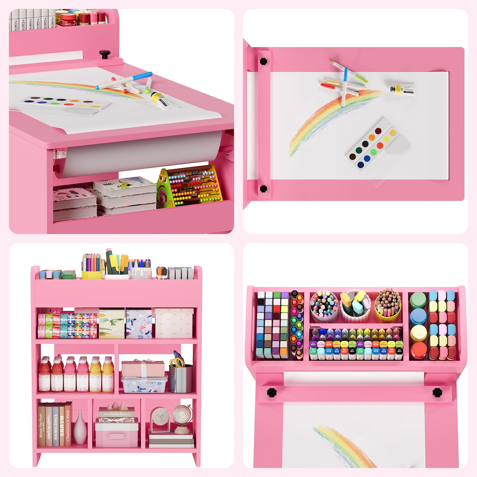 Kids Art Table and Chair Set with Storage Shelves & Paper Roll – Large Wooden Toddler Desk for Drawing, Painting, Learning – Ideal for Home, Playroom, or Study Area – Pink