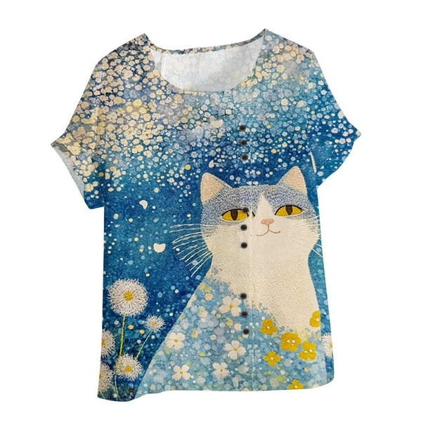 Vestidos Casuales Para Mujer, Blusas De Mujer De Moda Blusa tipo túnica informal de lino con estampado de peces y botones de manga corta para mujer
