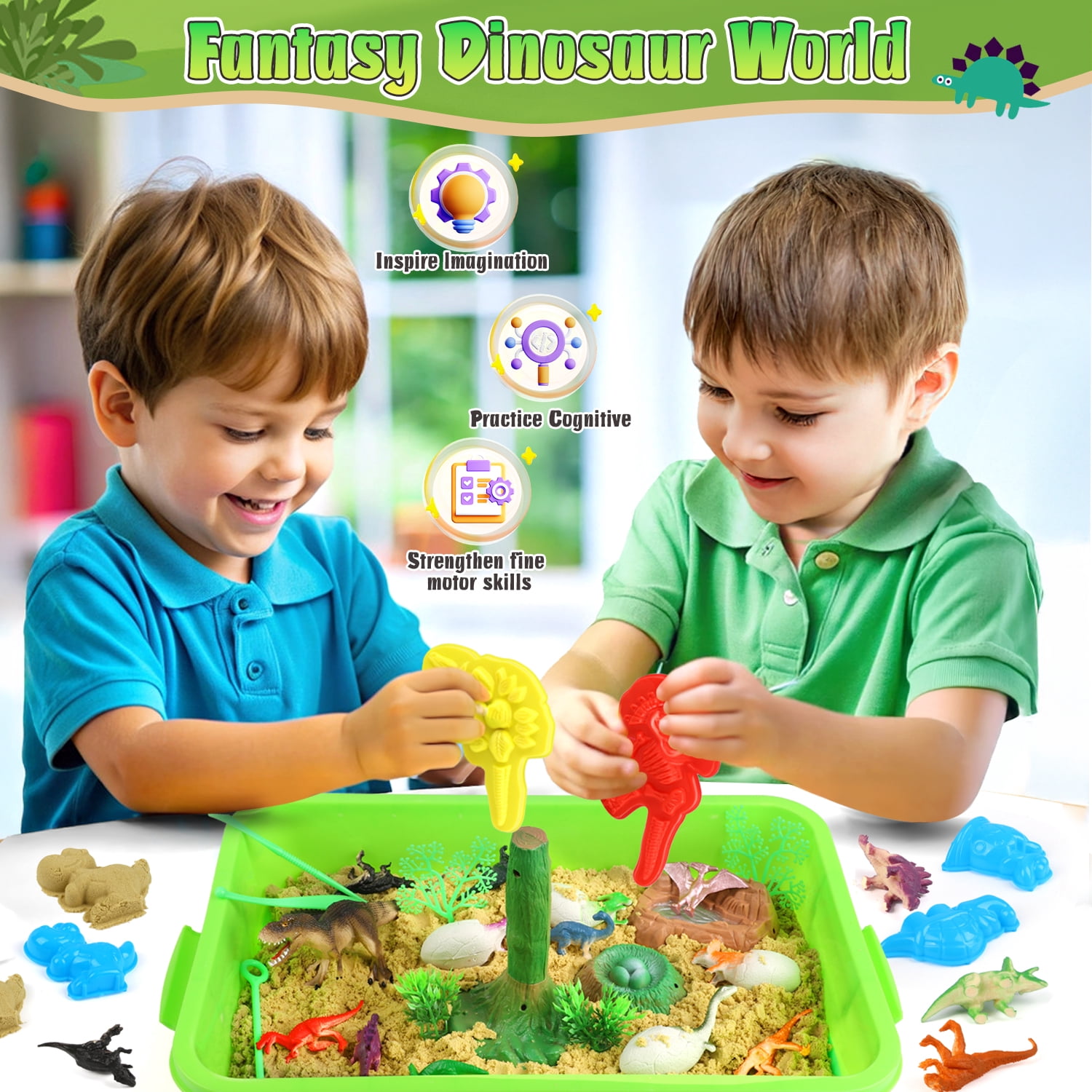 UQN Dinosaur Sensory Bin Toys for Boys, 37 PCS Sensory Bins for Toddlers 3-4 with 14 Dinosaur Toys & 2.2lb Magic Sand, Sensory Toy Birthday Gift for Boys Toddler Ages 3-8