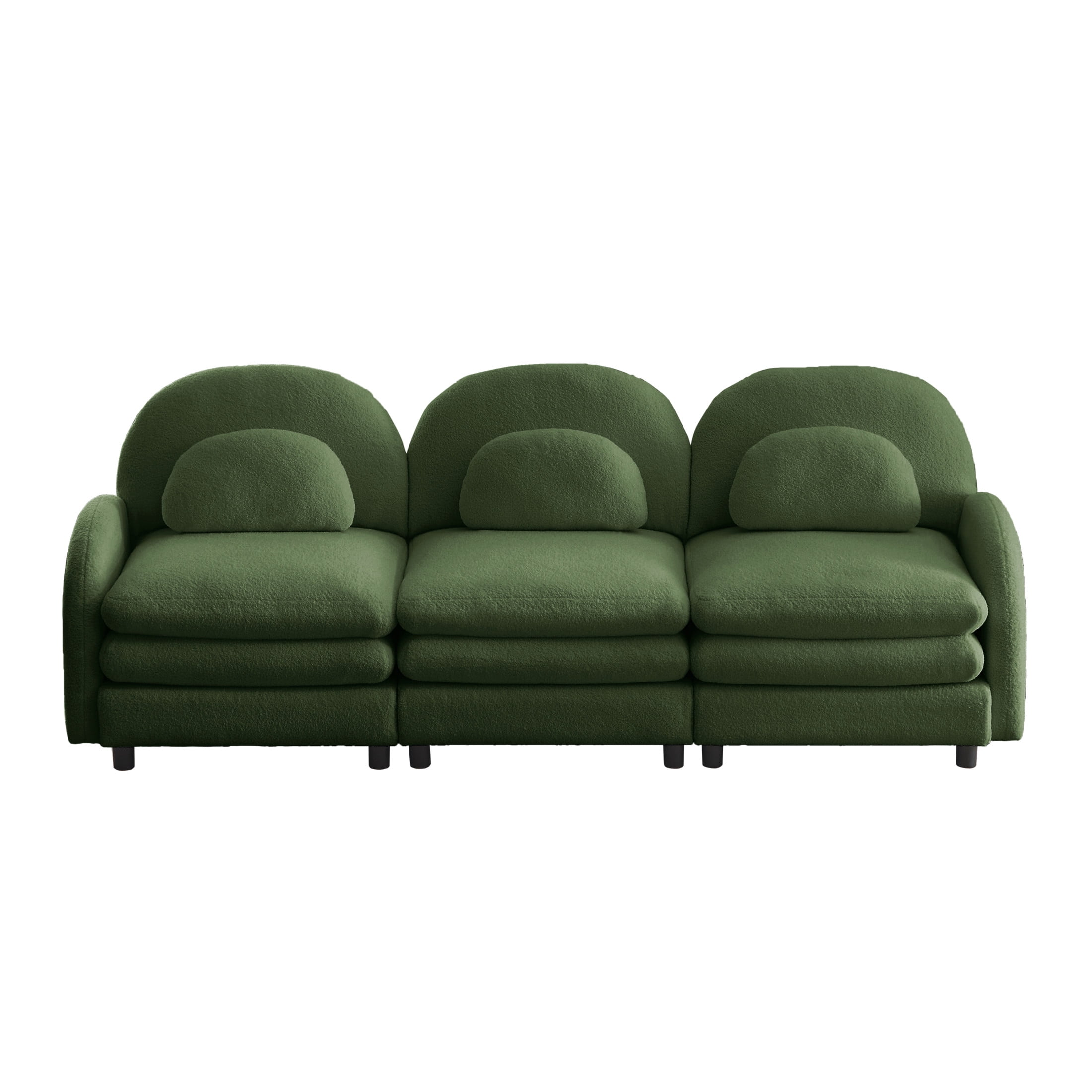 Noble House Windsor Teddy Fabric 3-Seater Sectional Sofa, Modular Cloud Couch with Lumbar Pillows, Green