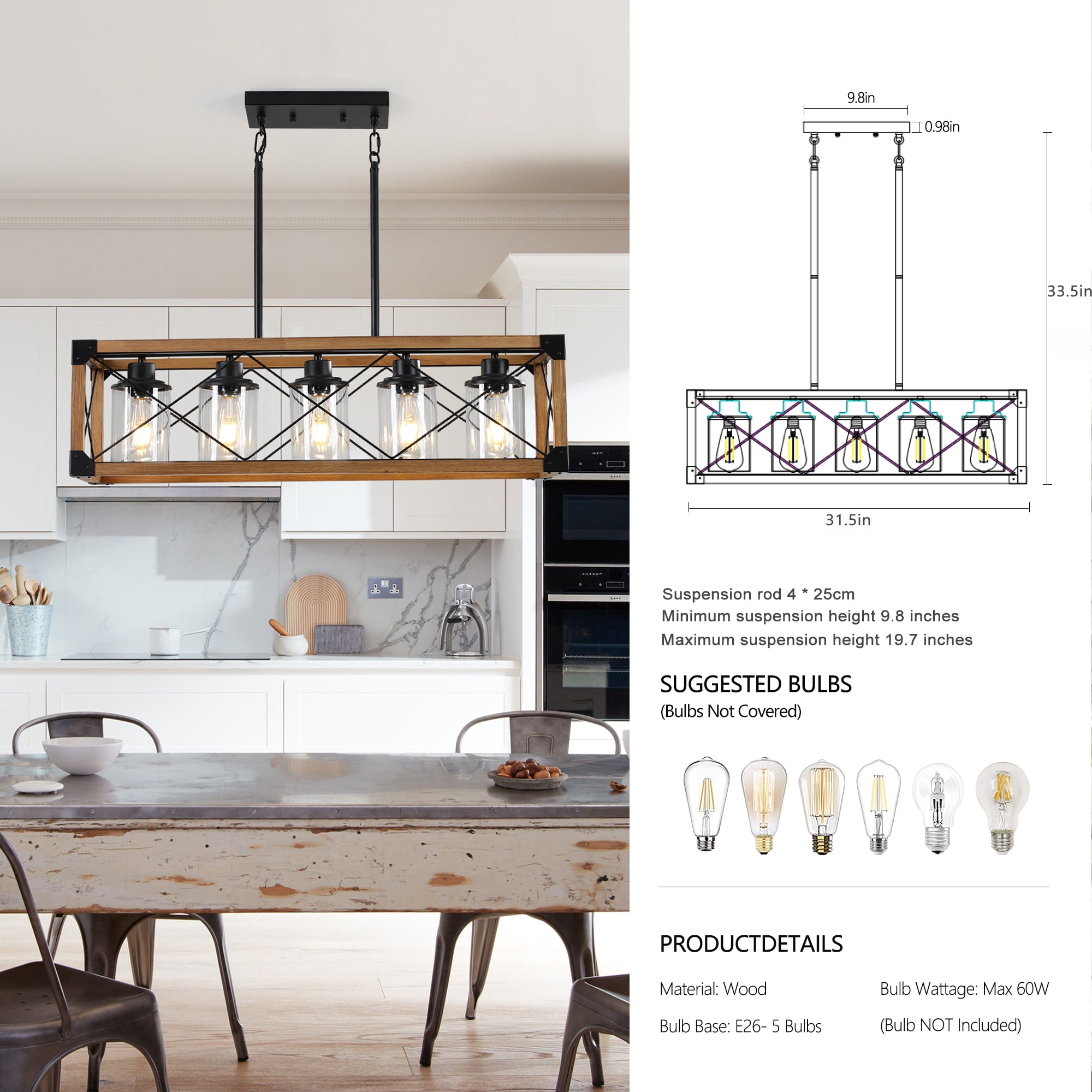 5-Light Farmhouse Chandelier for Kitchen Island, Rustic Hanging Lights Fixture with Clear Glass Shades, Adjustable Height Wood and Metal Fixture for Dining Room, Foyer, Entryway, Walnut Finish