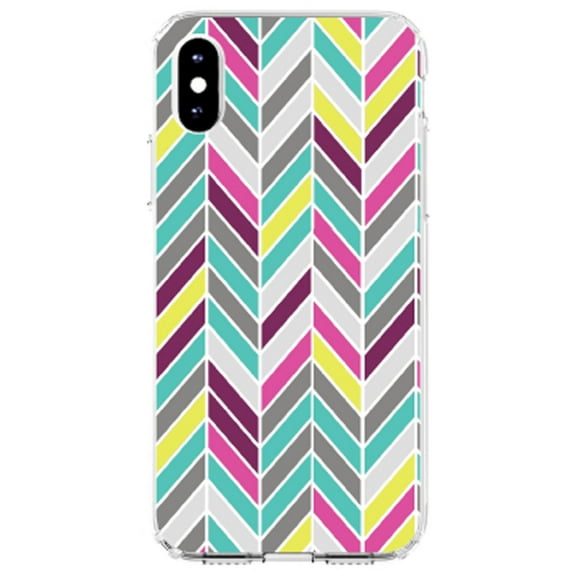 DistinctInk Clear Shockproof Hybrid Case for iPhone XR (6.1" Screen) - TPU Bumper, Acrylic Back, Tempered Glass Screen Protector - Pink Purple Teal Herringbone