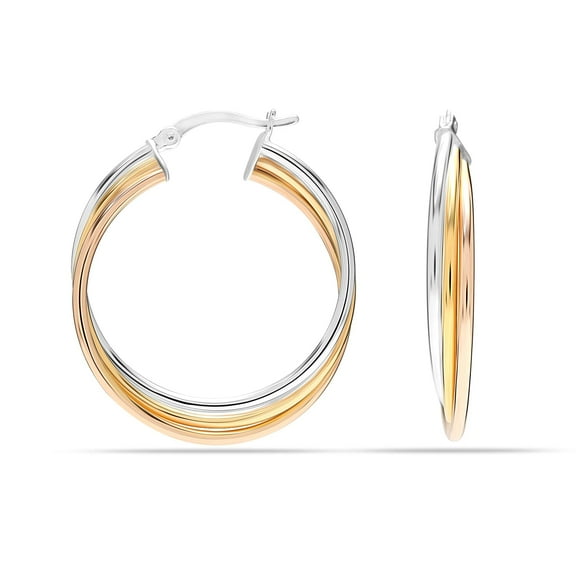 LeCalla 925 Sterling Silver Jewelry Three-Tone Intertwining Oval & Round Shape Polished Hoop Earrings for Women and Teen 33MM