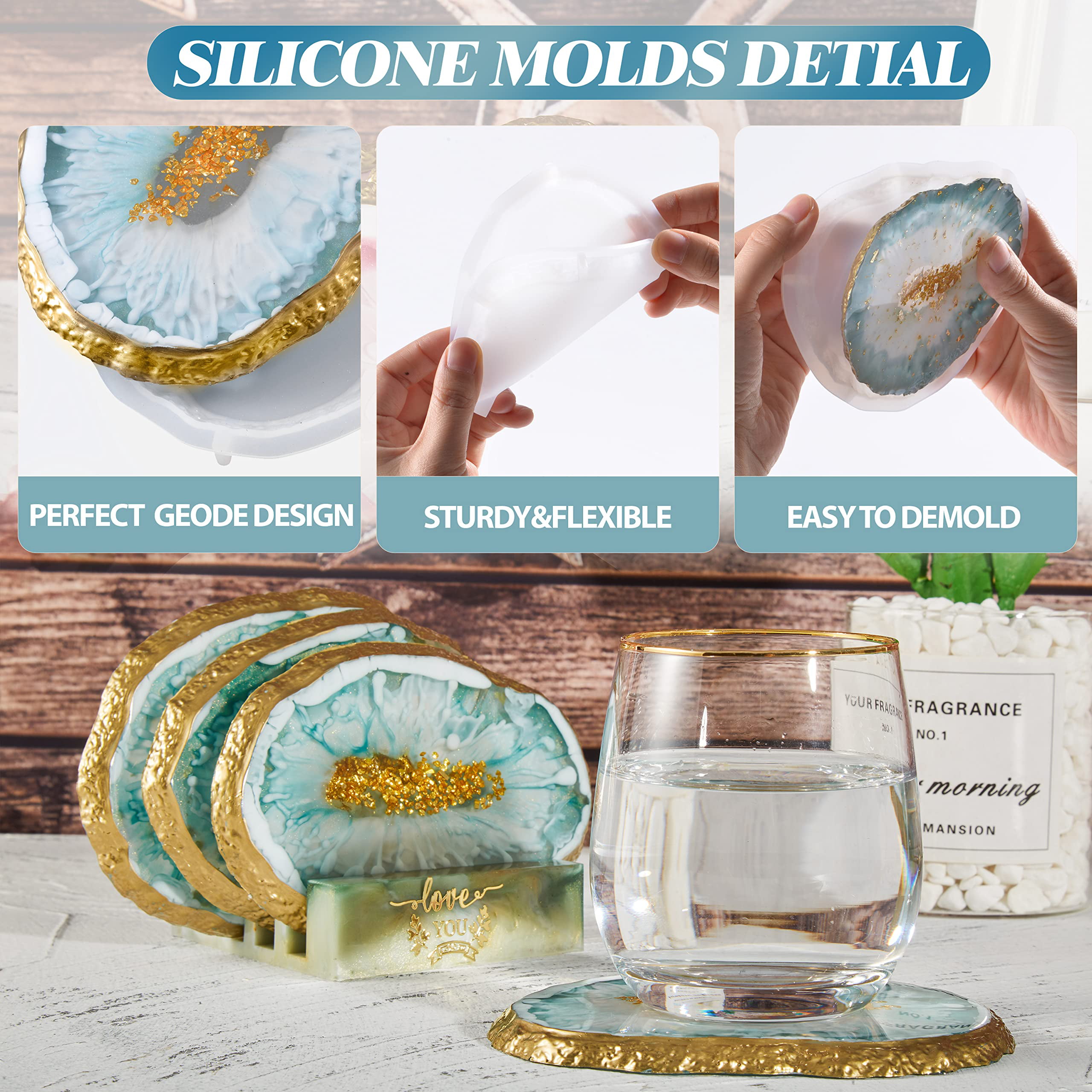 IESCOO Resin Coaster Molds for Epoxy Resin,4pcs Geode Coaster Mold with Holder Mold,Silicone Coaster Molds for Resin Casting