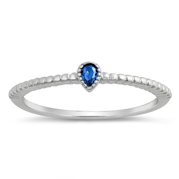 Teardrop Simulated Sapphire Cubic Zirconia Center Beaded Ring Sterling Silver Size 8