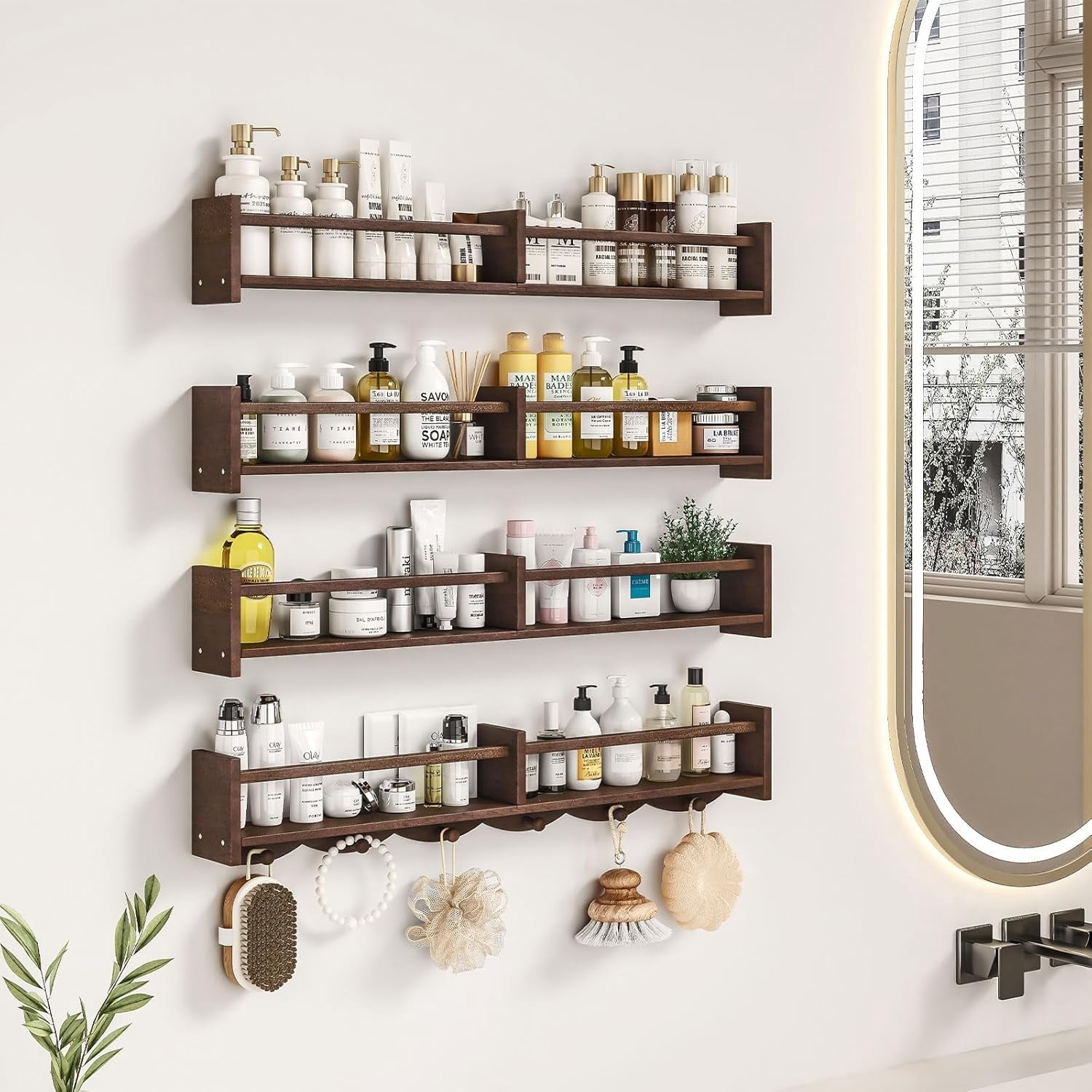 34Inch   Bookshelves,Set of 4,Wall Floating Shelf Kids Coat Rack with 6Hooks,Hanging Book Shelf for  Room Décor (Dark Brown, 34)