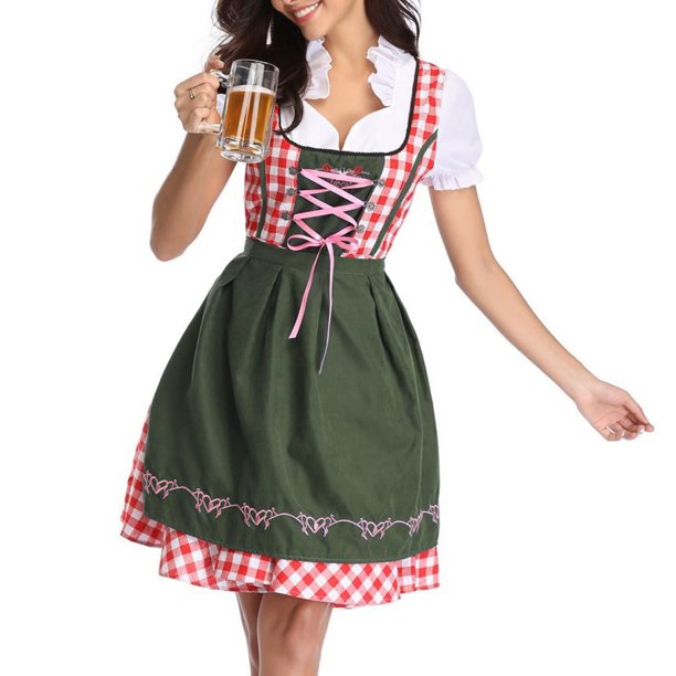 WILLBEST Vestidos Florales para Mujer, 3 Piezas, 1 Vestido + 1 Delantal + 1 Cinta de Seda, Vestido Tradicional de Oktoberfest, Vestido de Fiesta para Festivales. Grande