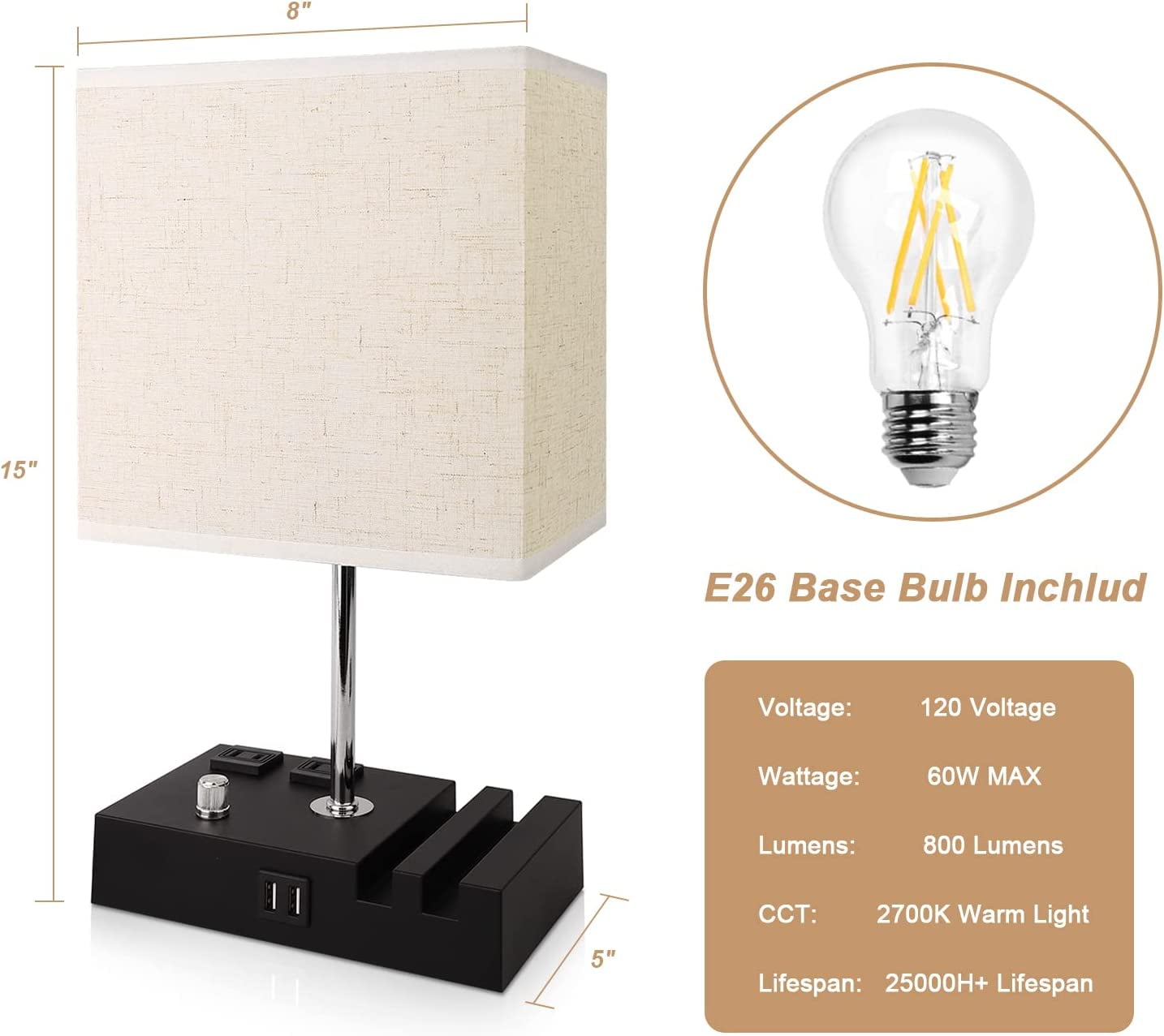 GPED Bedside Table Lamp for Bedroom with Dual Fast USB Charging Ports, Fully Dimmable Nightstand Lamps with 2 Phone Stands and 2 Charging Outlets, Desk lamp with Fabric Shade for Living Room