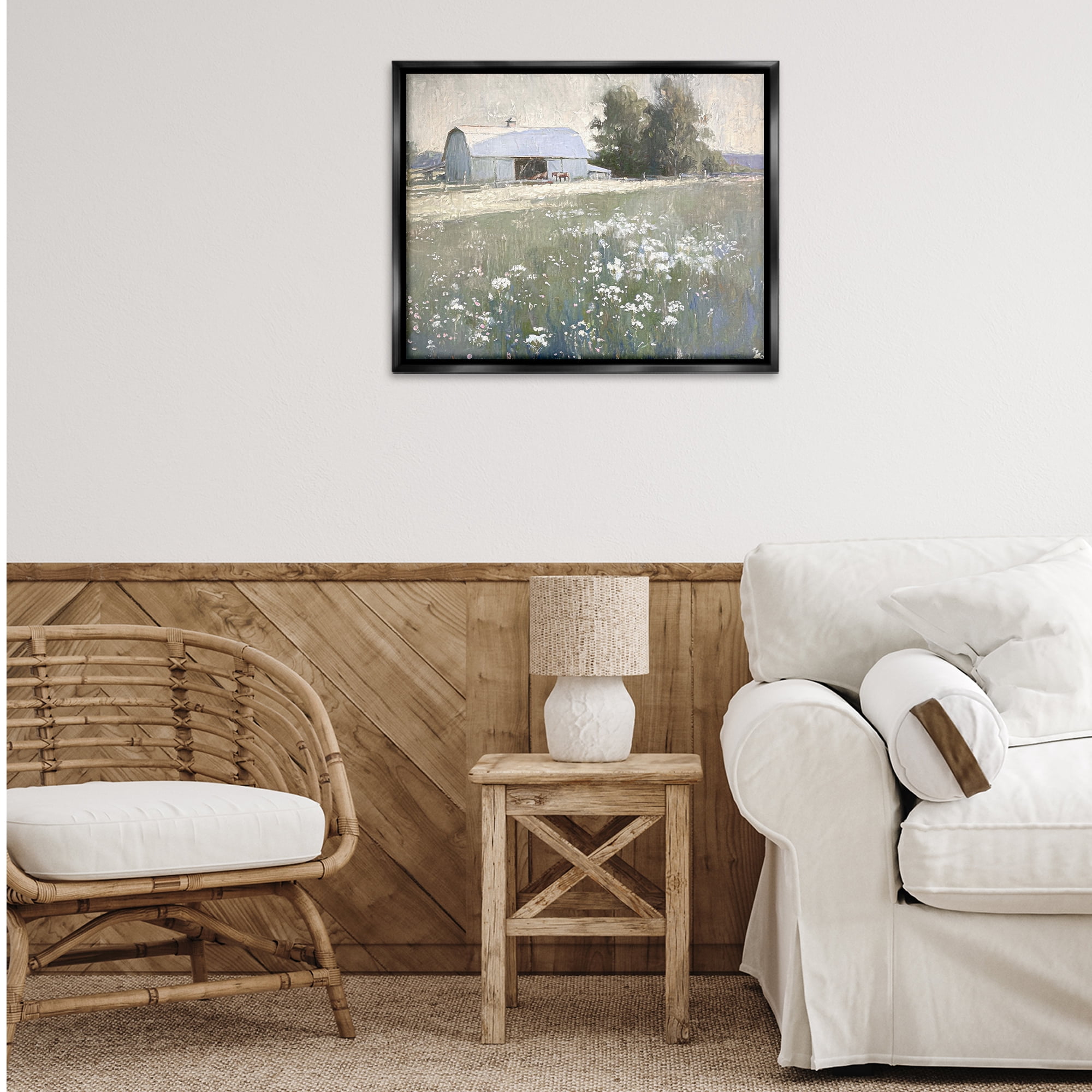 Stupell Industries Peaceful Farm Pasture Landscape Painting Black Floater Framed Canvas Art Print Wall Art, 31 x 25