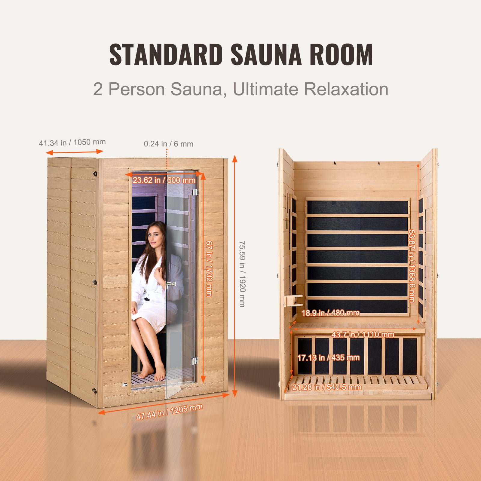 KFFKFF Infrared Sauna for Two, Home Spa Experience with Hemlock Construction, Features Low EMF, Clear Glass Door & Dual Bluetooth Speakers, 1800W for Indoor Relaxation