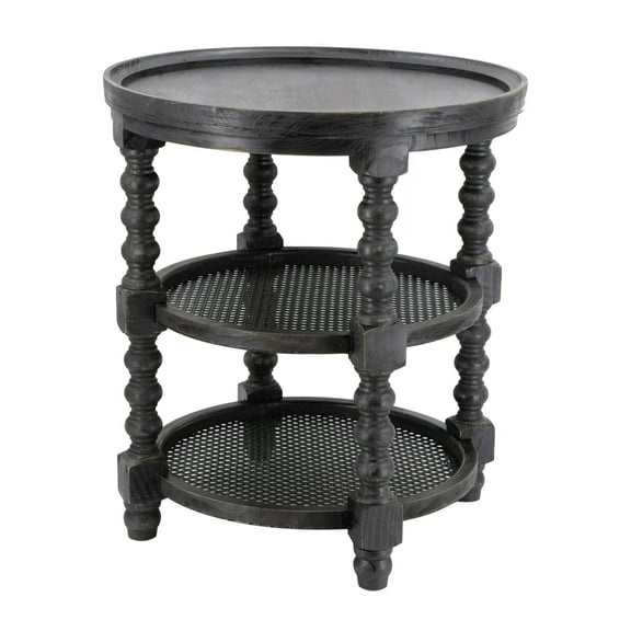 Jake 25 Inch 3 Tier Side Table, Fir Wood, 2 Woven Wicker Shelves, Black- Saltoro Sherpi