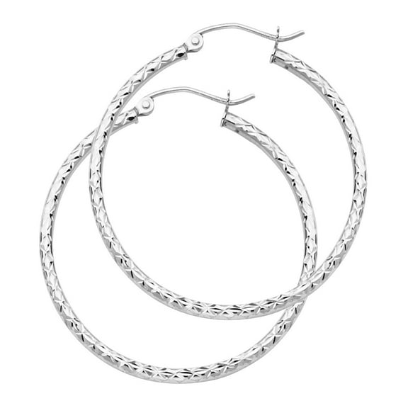 14k White Gold Round Diamond Cut Hoop Earrings Genuine Polished Finish French Lock 33mm x 1.5mm