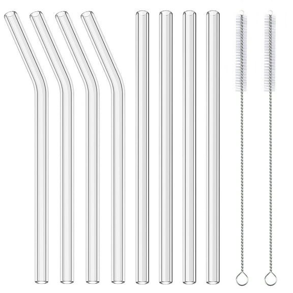 Maustic 8 Pack Reusable Glass Straws, 10'' x 10mm Clear Drinking Straws with 2 Cleaning Brushes for Smoothies Tea Juice Wine (4 Straight + 4 Bent)