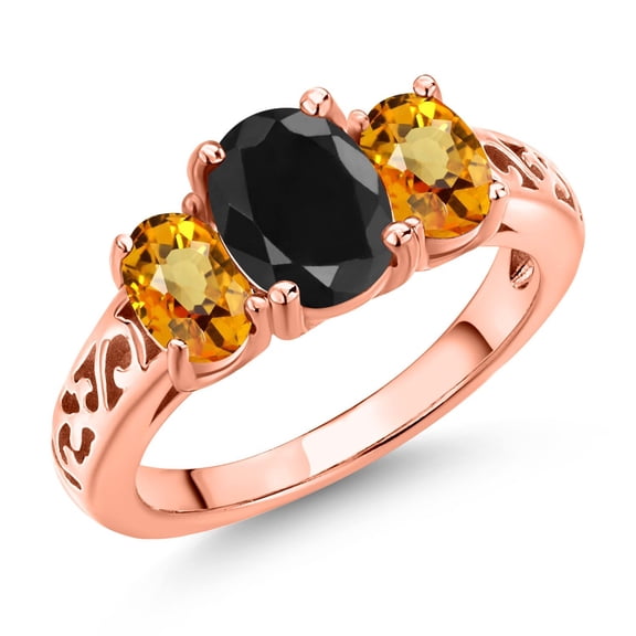 Gem Stone King 18K Rose Gold Plated Silver Black Sapphire and Yellow Sapphire Filigree Style 3 Stone Ring for Women (2.89 Cttw, Oval 8X6MM and 6X4MM) (Size 5)