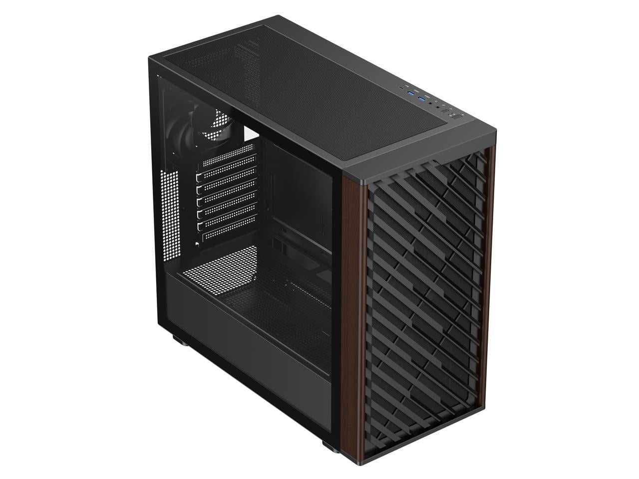 DIYPC DIY-ATX28-Wood Black USB3.0 /Type C ATX Mid Tower Gaming Computer Case w/ Tempered Glass Side Panel and Walnut Wood Front Panel, 4 x 120mm PWM Fans Pre-Installed
