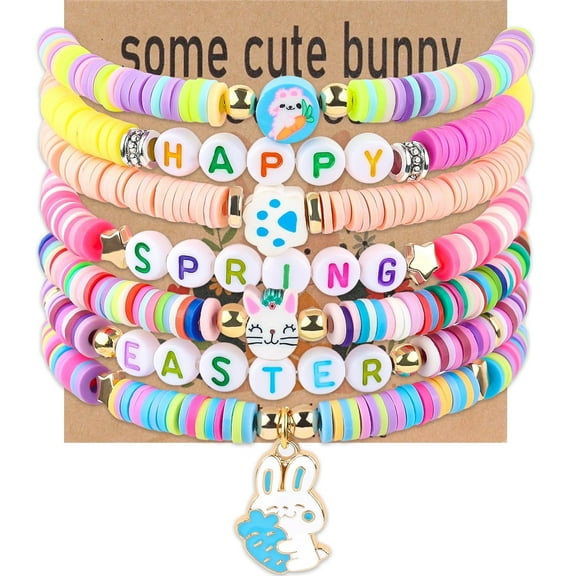 Easter Bunny Bracelet, Basket Gift 7 Pieces Women's Easter Gifts, Stackable Boho Clay Party Elastic Stretch Bracelet