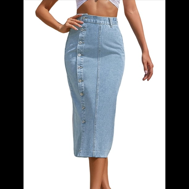 Falda Vaquera Midi Informal con Abertura para Mujer, Elástica, de Cintura Alta, Deshilachada y Abotonada Azul M