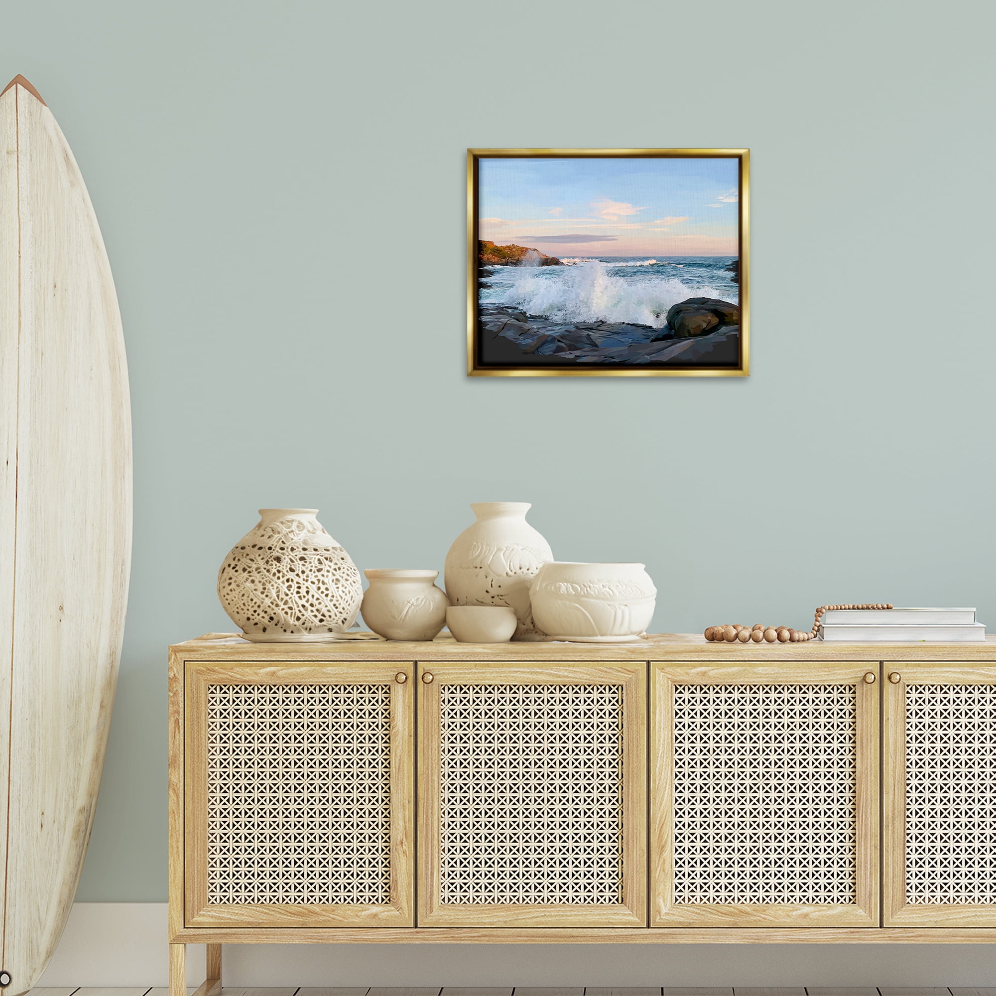 Stupell Industries Strong Breaking Waves Landscape Photography Gold Floater Framed Canvas Art Print Wall Art, 21 x 17