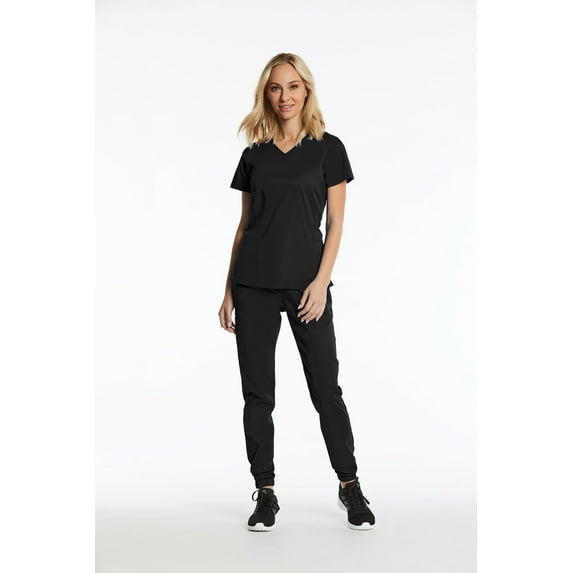 Elements EL9905 Mock Wrap Top and Jogger Pant Scrub Set Black Large Petite