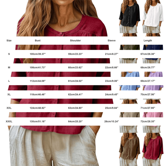 Womens 3/4 Sleeve Tops Round Neck Shirt Cotton Linen Button down Tunic Tops Loose Casual Breathable Tops for Summer Outdoor Wear by Gbobgt Red L