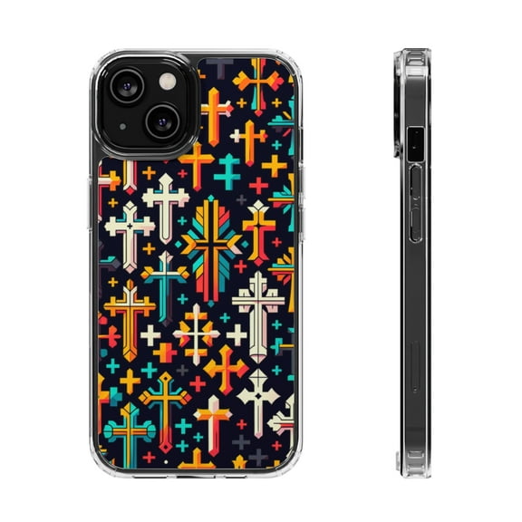 DistinctInk Hybrid (Acrylic / TPU) Clear Slim Fit Case for Apple iPhone 13 (6.1" Screen) - "Vivid Christian Crosses in Striking Contrast"