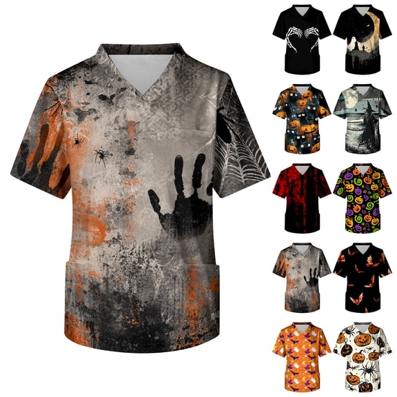 IYYVV Scrubs For Men Halloween Scrub Top Pumpkin Bat Fun Print Nurse Shirt Funny Short Sleeve Vneck Nurse Uniform With Pockets Yellow 3XL
