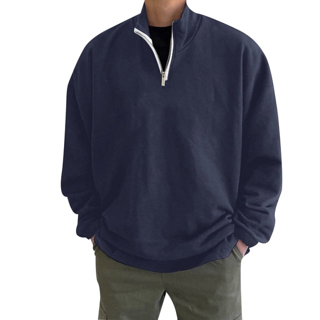 Mens Autumn And Winter Fashion Loose Plus Size Zipper Solid Color Stand Collar Hoodless Pullover Sweater Top