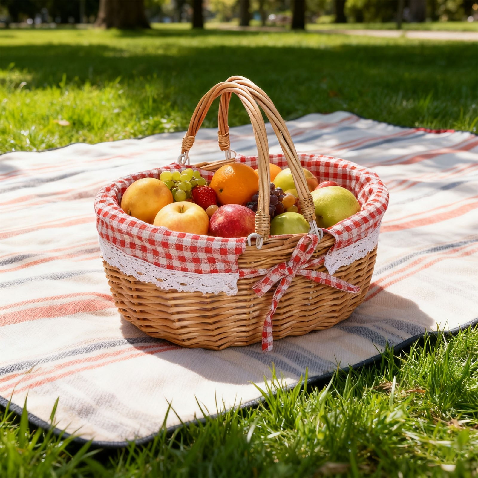Multifunctional Woven Picnic Basket with Foldable Handles, Suitable for Indoor & Outdoor, Home Decor, Fruit Storage, Photography Props, Easter Decorations, New Year party Gift Basket, 15x12x14 in