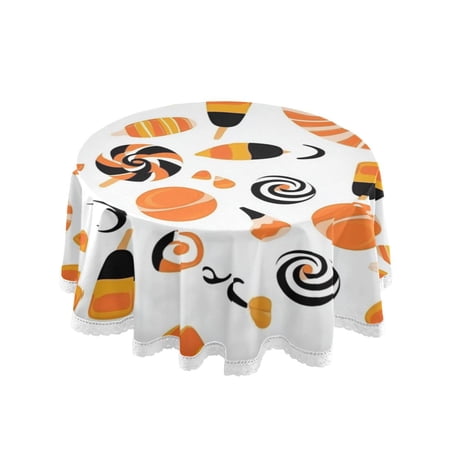 60 Inch Round Tablecloth with White Lace Trim Fall Table Cover for Elegant Dining Decor Halloween Cute Candy Pattern