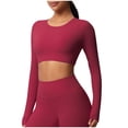 thumbnail image 1 of Timegard Hauts de Yoga pour Femmes Skinny Extensible Col Rond Manches Longues Cropped Tops de Gym Couleur Unie, 1 of 6