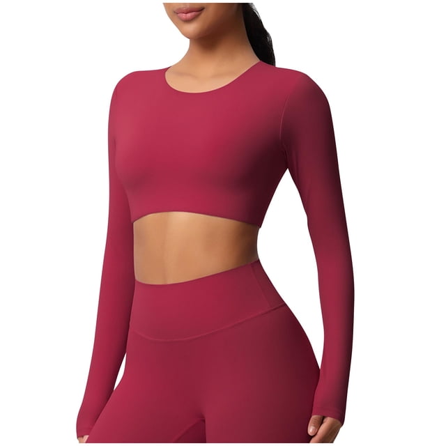 Timegard Hauts de Yoga pour Femmes Skinny Extensible Col Rond Manches Longues Cropped Tops de Gym Couleur Unie