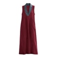 thumbnail image 5 of SAWOBUUN Womens Sleeveless Maxi Dress V Neck Contrast Collar Caftan Dress Casual Loose Fit Cotton Linen Long Sundress with Large Pockets, 5 of 7